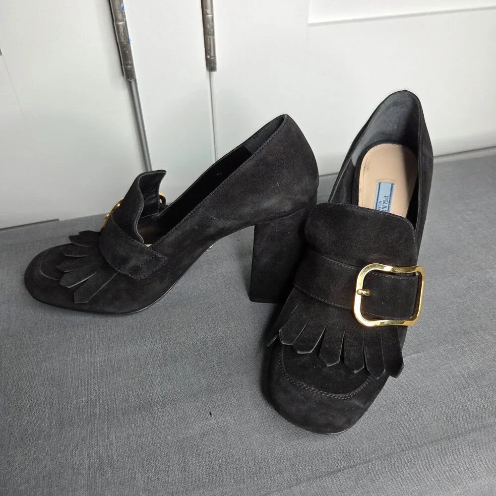 Women's Prada Black Suede Madras Fringe Buckle Slip-On with COA - EU Size 38.5 - Picture 3 of 12